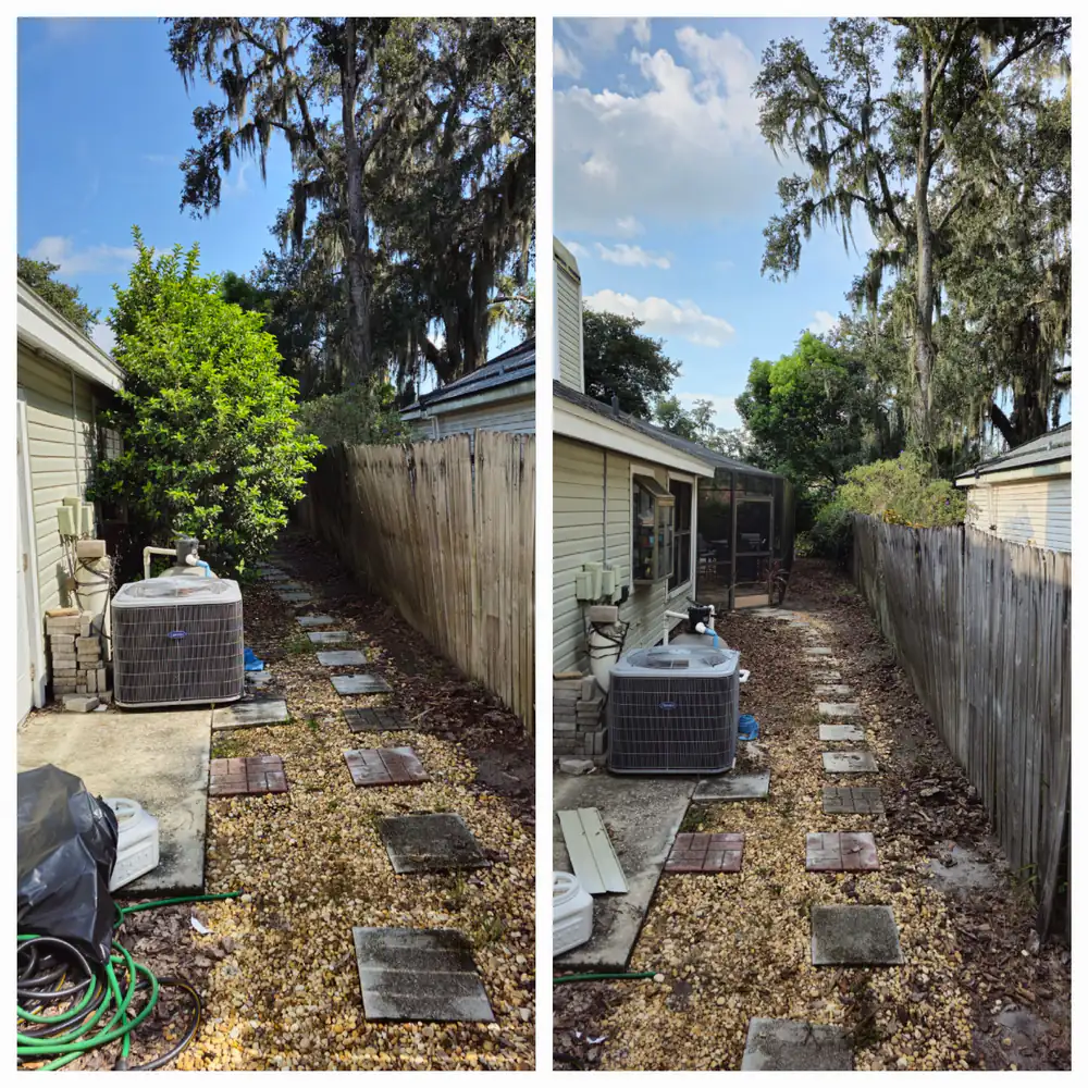 A before and after of a side yard cleared of overgrown shrubs